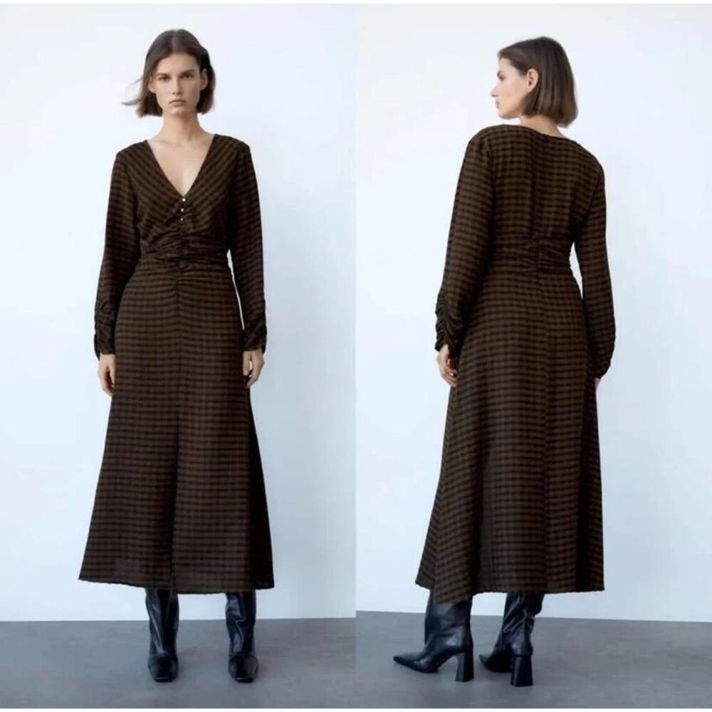Zara Women's Textured Checked Draped Plaid Dress in a Black/Green Size M